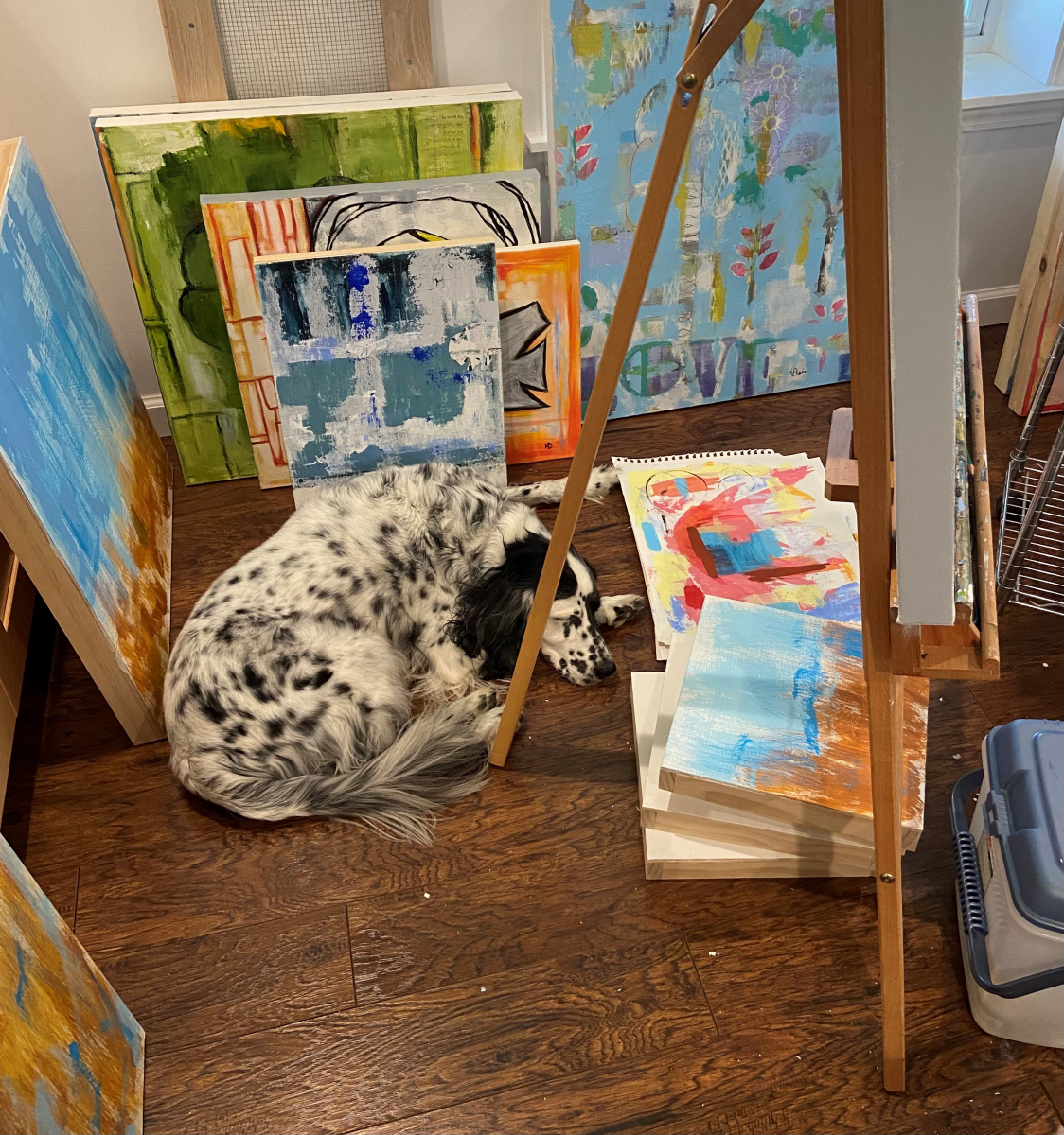 Macy-napping-with-paintings